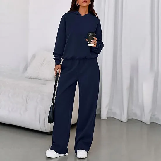 Women Fashion Casual Autumn And Winter Solid Color Fleece Long-Sleeve Hoodies Loose Wide-Leg Pants Two-Piece Set