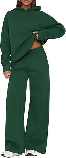 Women Fashion Casual Autumn And Winter Solid Color Fleece Long-Sleeve Hoodies Loose Wide-Leg Pants Two-Piece Set