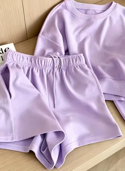 Women Fashion Casual Solid Color Simple Long-Sleeve Sweatshirt Loose Shorts Two-Pieces Set
