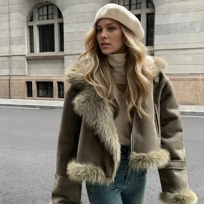 Winter Women Fashion Warm Plush Suede Patchwork Lapel Faux Fur Coat