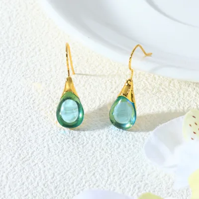 Women Fashion Simple Drop-Shaped Inlaid Cat'S Eye Stone Earrings
