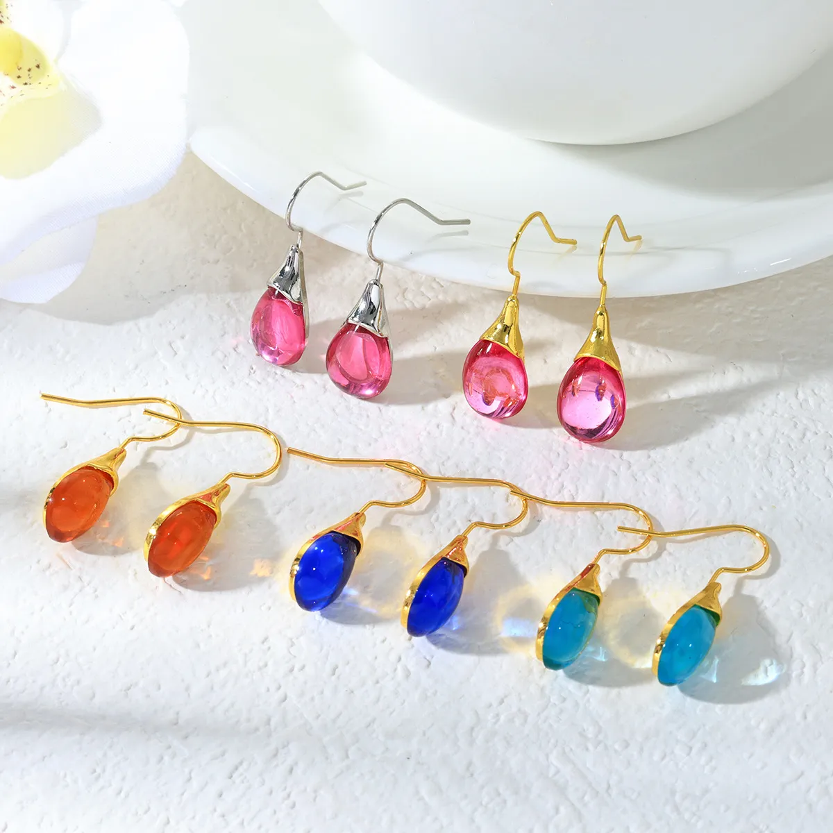 Women Fashion Simple Drop-Shaped Inlaid Cat'S Eye Stone Earrings