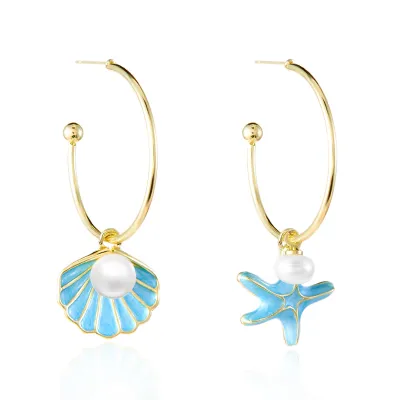 Women Fashion Dripping Shell Pearl Starfish Earrings