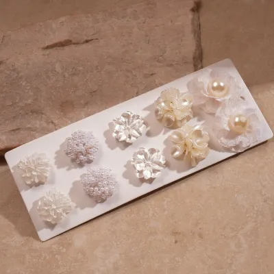 Women Fashion Pearl Floral Silver Pin Earrings 10pcs/Set