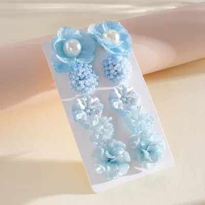 Women Fashion Pearl Floral Silver Pin Earrings 10pcs/Set