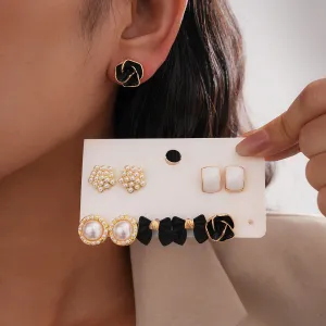 Women Fashion Elegant Drop Oil Pearl Bow Floral Square Silver Pin Earrings 10pcs/Set