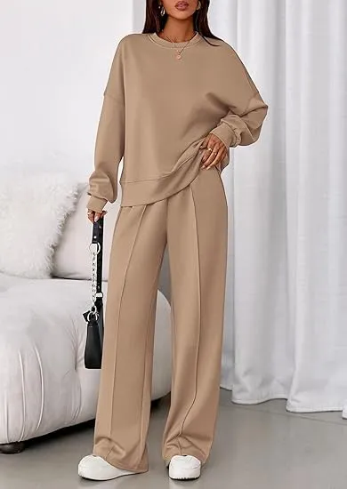 Women Fashion Casual Solid Color Round-Neck Long Sleeve Sweatshirt Loose Pants Two-Piece Set