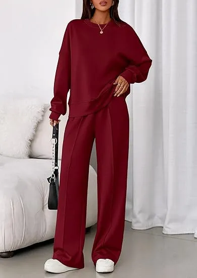 Women Fashion Casual Solid Color Round-Neck Long Sleeve Sweatshirt Loose Pants Two-Piece Set