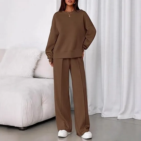 Women Fashion Casual Solid Color Round-Neck Long Sleeve Sweatshirt Loose Pants Two-Piece Set