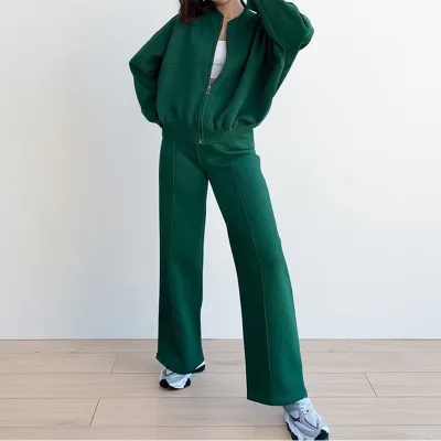 Women Fashion Casual Solid Color Zipper Long-Sleeve Sweatshirt Loose Pants Two-Piece Set