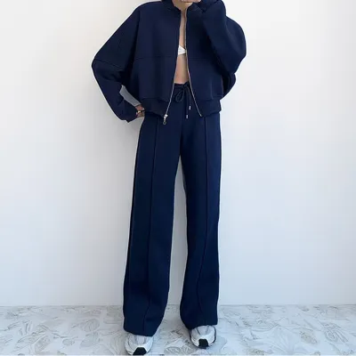 Women Fashion Casual Solid Color Zipper Long-Sleeve Sweatshirt Loose Pants Two-Piece Set