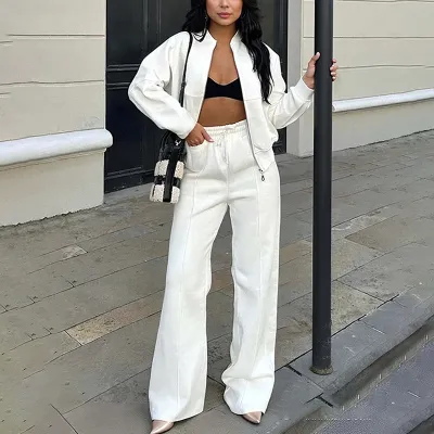 Women Fashion Casual Solid Color Zipper Long-Sleeve Sweatshirt Loose Pants Two-Piece Set