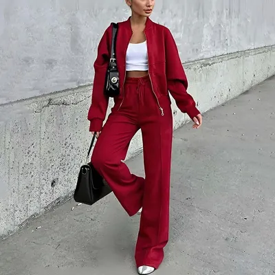 Women Fashion Casual Solid Color Zipper Long-Sleeve Sweatshirt Loose Pants Two-Piece Set