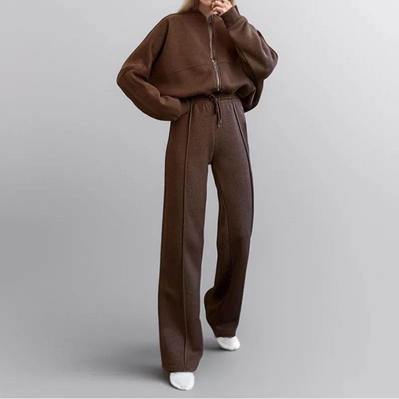 Women Fashion Casual Solid Color Zipper Long-Sleeve Sweatshirt Loose Pants Two-Piece Set