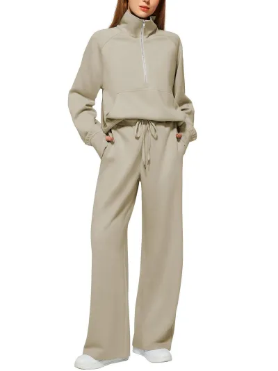Women Fashion Casual Autumn Solid Color Half-Zip Sweatshirt Wide-Leg Pants Two-Piece Set