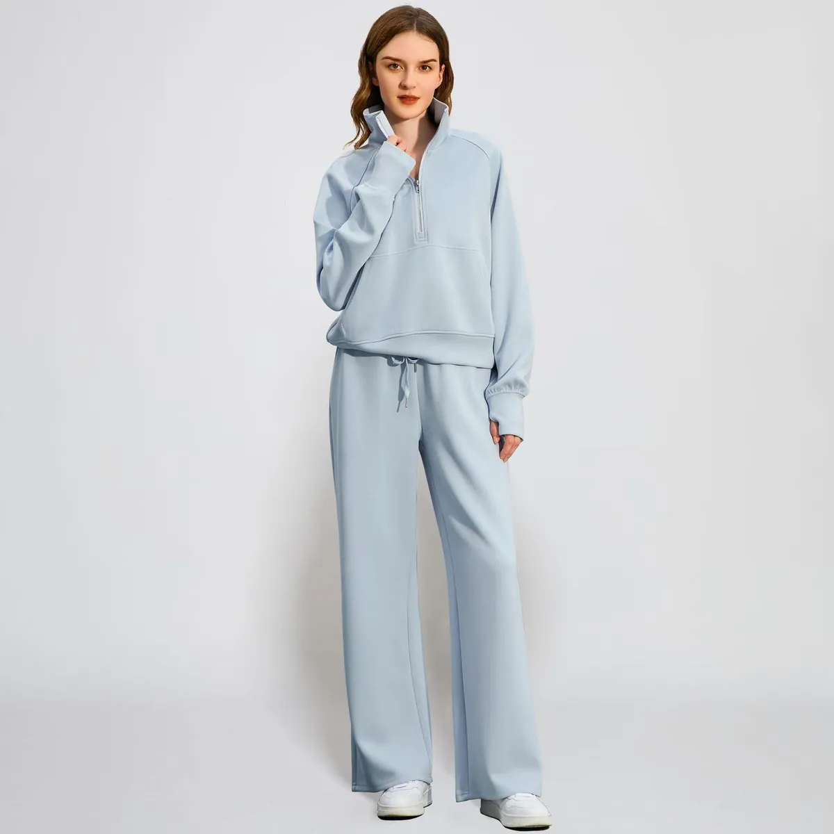 Women Fashion Casual Autumn Solid Color Half-Zip Sweatshirt Wide-Leg Pants Two-Piece Set