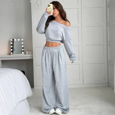 Women Fashion Casual Casual Solid Color Off-Shoulder Long-Sleeve Sweatshirt Loose Pants Two-Piece Set