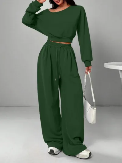 Women Fashion Casual Casual Solid Color Off-Shoulder Long-Sleeve Sweatshirt Loose Pants Two-Piece Set