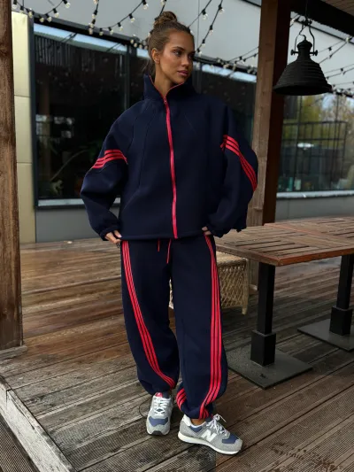 Women Fashion Casual Autumn Winter Stripe Stand-Collar Zipper Sweatshirt Loose Pants Two-Piece Set