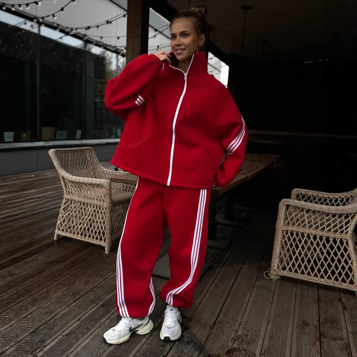 Women Fashion Casual Autumn Winter Stripe Stand-Collar Zipper Sweatshirt Loose Pants Two-Piece Set