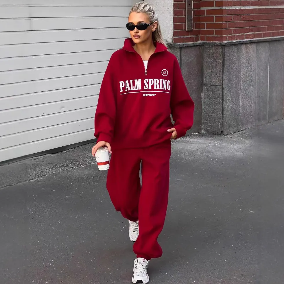 Women Fashion Casual Autumn Letter Printed Zipper Long Sleeve Sweatshirt Loose Pants Two-Piece Set Two-Piece Set