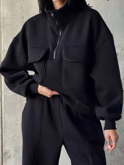 Women Fashion Casual Autumn And Winter Stand-Collar Long-Sleeve Pocket Sweatshirt Loose Pants Two-Piece Set