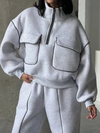 Women Fashion Casual Autumn And Winter Stand-Collar Long-Sleeve Pocket Sweatshirt Loose Pants Two-Piece Set
