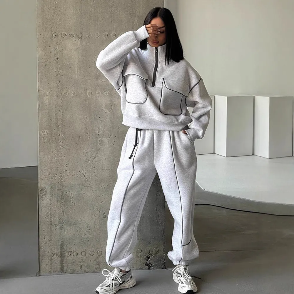 Women Fashion Casual Autumn And Winter Stand-Collar Long-Sleeve Pocket Sweatshirt Loose Pants Two-Piece Set