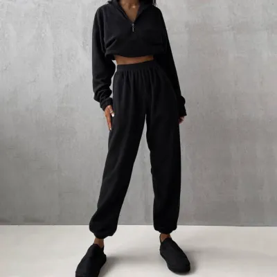 Women Fashion Casual Autumn And Winter Solid Color Half Zipper Lapel Long-Sleeve Sweatshirt Slim-Fit Pants Two-Piece Set