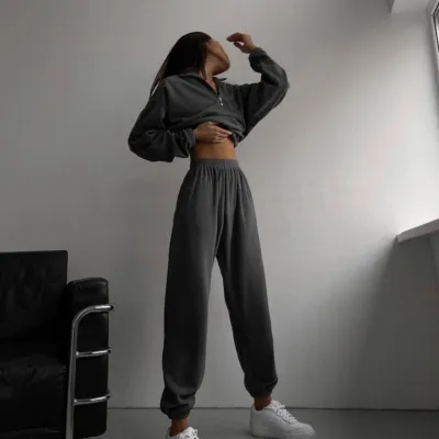 Women Fashion Casual Autumn And Winter Solid Color Half Zipper Lapel Long-Sleeve Sweatshirt Slim-Fit Pants Two-Piece Set