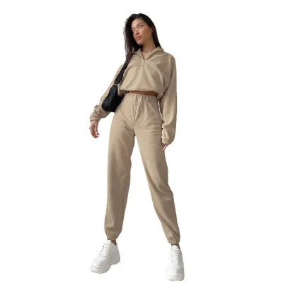 Women Fashion Casual Autumn And Winter Solid Color Half Zipper Lapel Long-Sleeve Sweatshirt Slim-Fit Pants Two-Piece Set