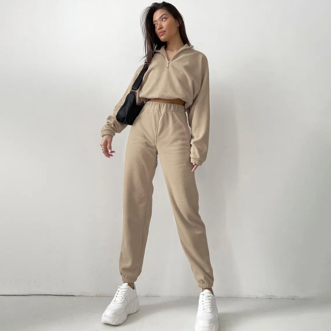 Women Fashion Casual Autumn And Winter Solid Color Half Zipper Lapel Long-Sleeve Sweatshirt Slim-Fit Pants Two-Piece Set