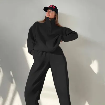 Women Fashion Casual Spring And Autumn Solid Color Button Vertical Collar Long-Sleeve Sweatshirt Loose Pants Two-Piece Set