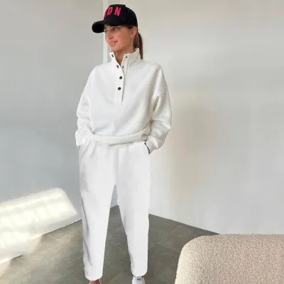 Women Fashion Casual Spring And Autumn Solid Color Button Vertical Collar Long-Sleeve Sweatshirt Loose Pants Two-Piece Set