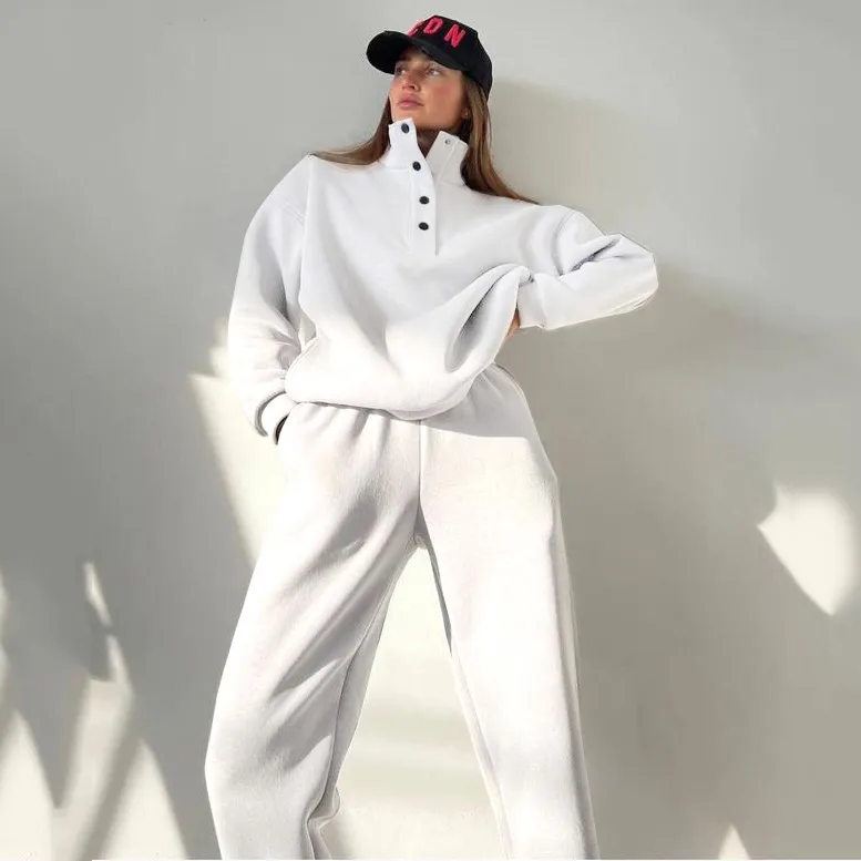 Women Fashion Casual Spring And Autumn Solid Color Button Vertical Collar Long-Sleeve Sweatshirt Loose Pants Two-Piece Set
