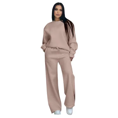 Women Fashion Casual Autumn And Winter Solid Color Round Neck Long Sleeve Sweatshirt Wide Leg Pants Two-Piece Set
