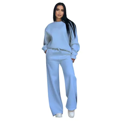 Women Fashion Casual Autumn And Winter Solid Color Round Neck Long Sleeve Sweatshirt Wide Leg Pants Two-Piece Set
