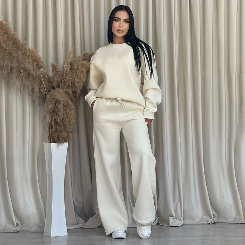 Women Fashion Casual Autumn And Winter Solid Color Round Neck Long Sleeve Sweatshirt Wide Leg Pants Two-Piece Set
