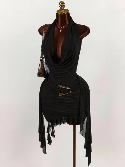 Women Fashion Sexy Solid Color Elegant Halter-Neck Backless Slim-Fit Pleated Dress