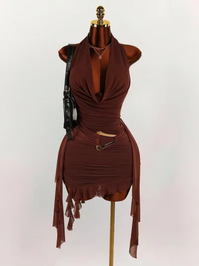 Women Fashion Sexy Solid Color Elegant Halter-Neck Backless Slim-Fit Pleated Dress