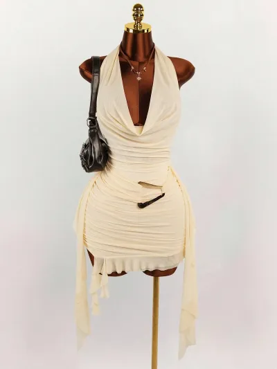 Women Fashion Sexy Solid Color Elegant Halter-Neck Backless Slim-Fit Pleated Dress