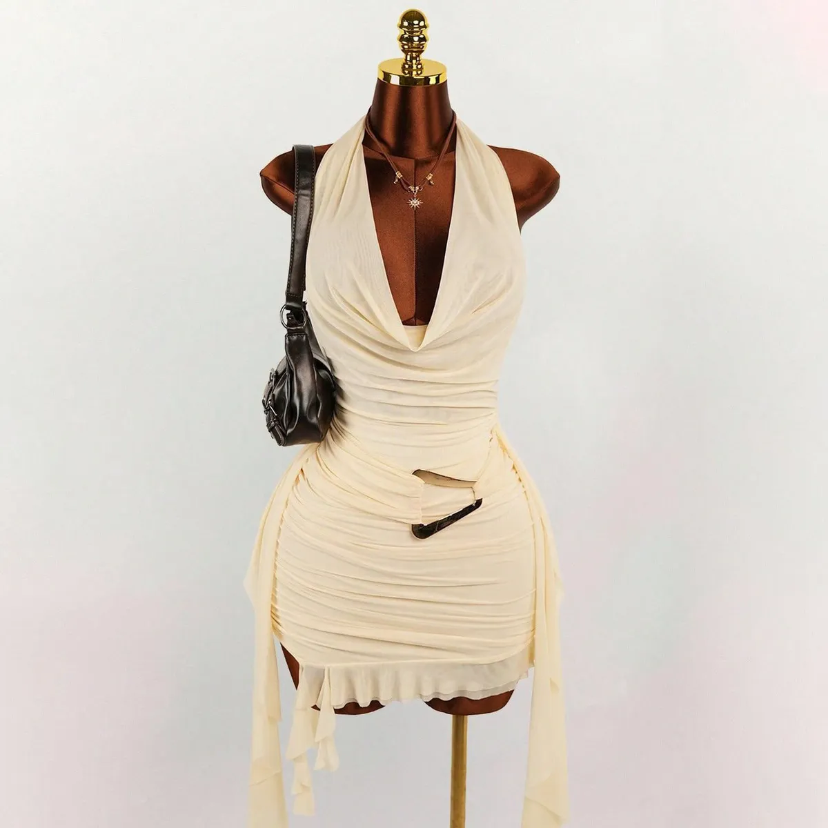 Women Fashion Sexy Solid Color Elegant Halter-Neck Backless Slim-Fit Pleated Dress
