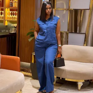 Women Fashion Casual Solid Color Sleeveless Vest Wide Leg Pants Two-Piece Set