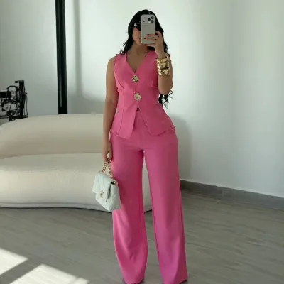 Woemn Fashion Casual Solid Color V-Neck Vest Straight Pants Two-Piece Set