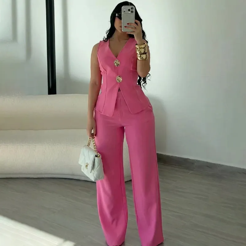 Woemn Fashion Casual Solid Color V-Neck Vest Straight Pants Two-Piece Set