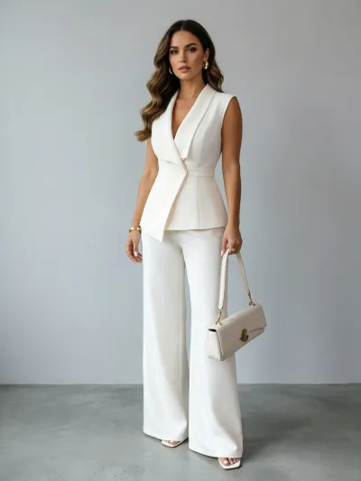 Women Fashion Casual Office Spring And Summer Solid Color Lapel Sleeveless Vest Straight Pants Two-Piece Set