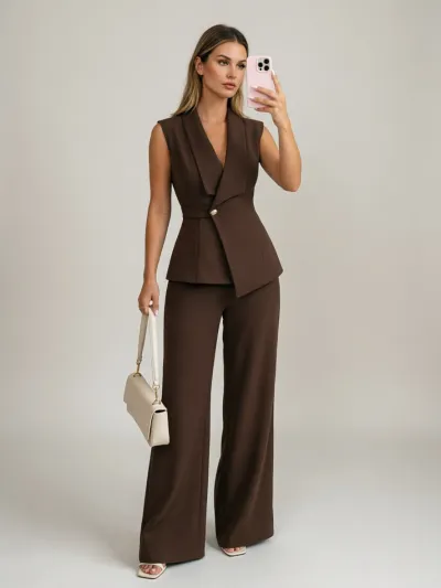 Women Fashion Casual Office Spring And Summer Solid Color Lapel Sleeveless Vest Straight Pants Two-Piece Set