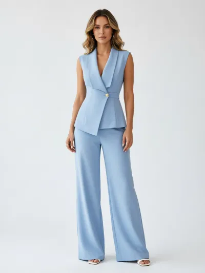 Women Fashion Casual Office Spring And Summer Solid Color Lapel Sleeveless Vest Straight Pants Two-Piece Set