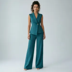 Women Fashion Casual Office Spring And Summer Solid Color Lapel Sleeveless Vest Straight Pants Two-Piece Set