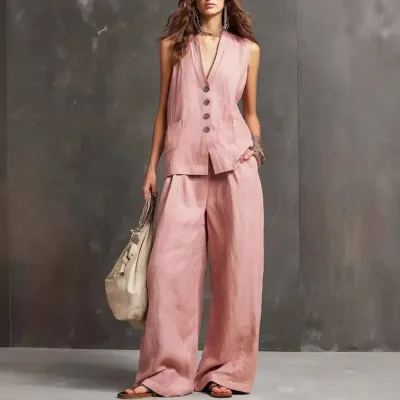 Women Fashion Casual Solid Color Cotton And Linen Sleeveless Vest Wide-Leg Pants Two-Piece Set